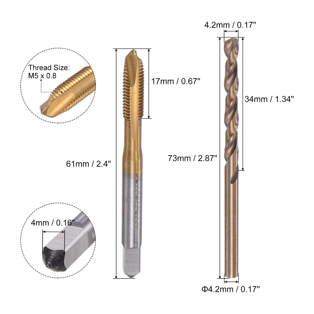 uxcell M5 x 0.8 Spiral Point Thread Tap and 4.2mm Drill Bit Set, Metric Titanium Plated Cobalt High Speed Steel Machine Screw Thread Tap Threading Tool