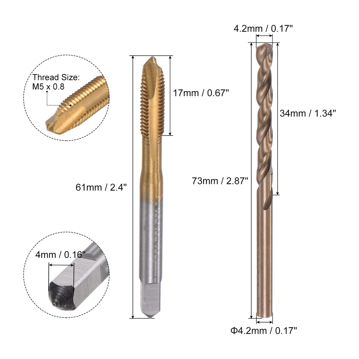 uxcell M5 x 0.8 Spiral Point Thread Tap and 4.2mm Drill Bit Set, Metric Titanium Plated Cobalt High Speed Steel Machine Screw Thread Tap Threading Tool