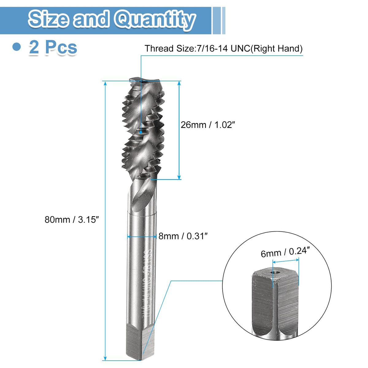 uxcell 2pcs Spiral Flute Thread Taps 7/16-14 UNC 2B Machine Threading Tap Bit, Uncoated Screw Tapping Repair Tool, M2 High-Speed Steel (HSS)