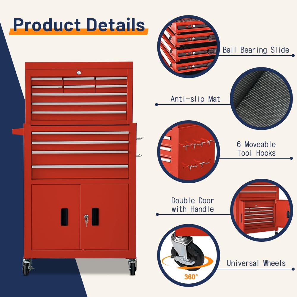 13-Drawer Double Door Rolling Tool Chest, 2 in 1 Detachable Tool Chest,Tool Box with Drawers and Wheels, Large Tool