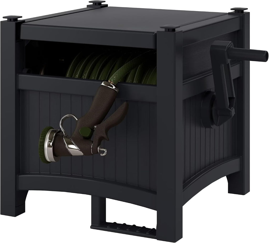 100FT Durable Resin Hose Reel & Hideaway Garden Hose Holder – Wall Mount or Stand, Storage for Garden Hose
