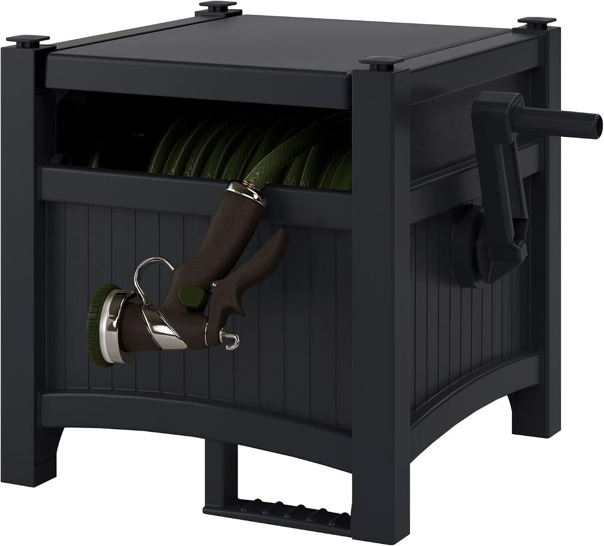 100FT Durable Resin Hose Reel & Hideaway Garden Hose Holder – Wall Mount or Stand, Storage for Garden Hose