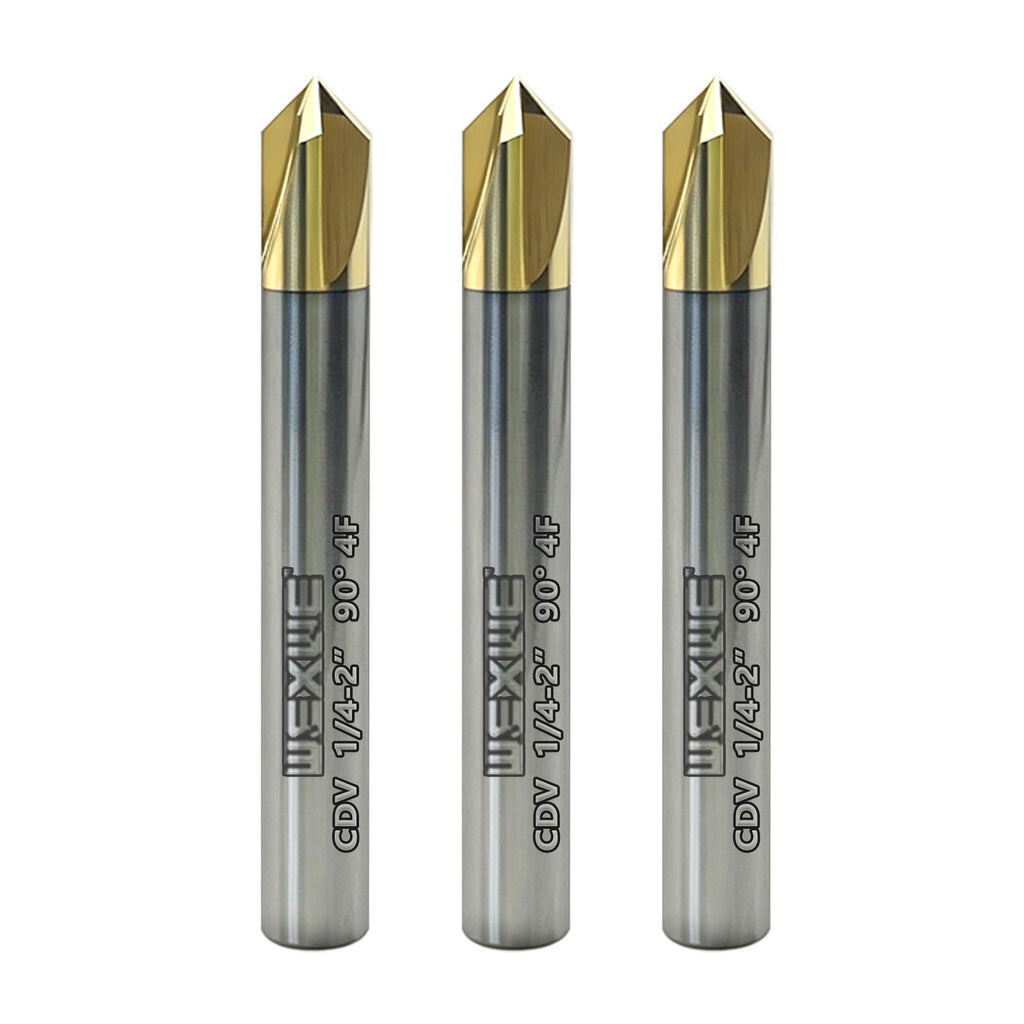 WEXWE Tools Chamfer End Mill for Wood, Aluminium, Carving, Drilling and Chamfering, V Groove, 90 Degree, Mill Bits Sets for DIY, 4 Flute, 1/4" Shank (3 Piece, 1/4 90°)