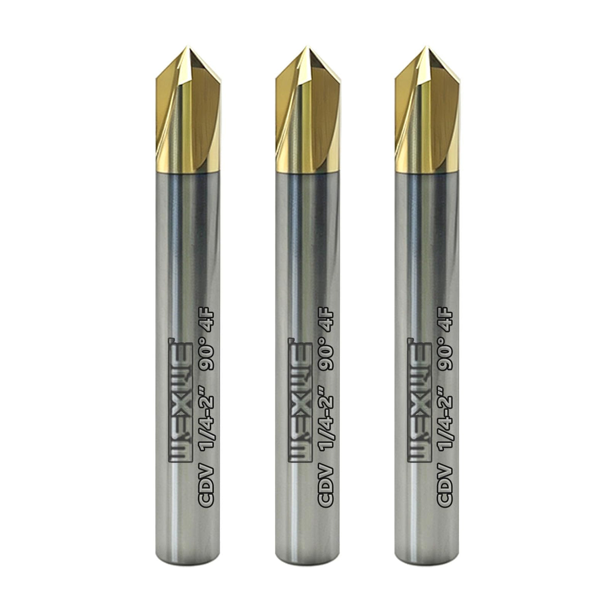WEXWE Tools Chamfer End Mill for Wood, Aluminium, Carving, Drilling and Chamfering, V Groove, 90 Degree, Mill Bits Sets for DIY, 4 Flute, 1/4" Shank (3 Piece, 1/4 90°)