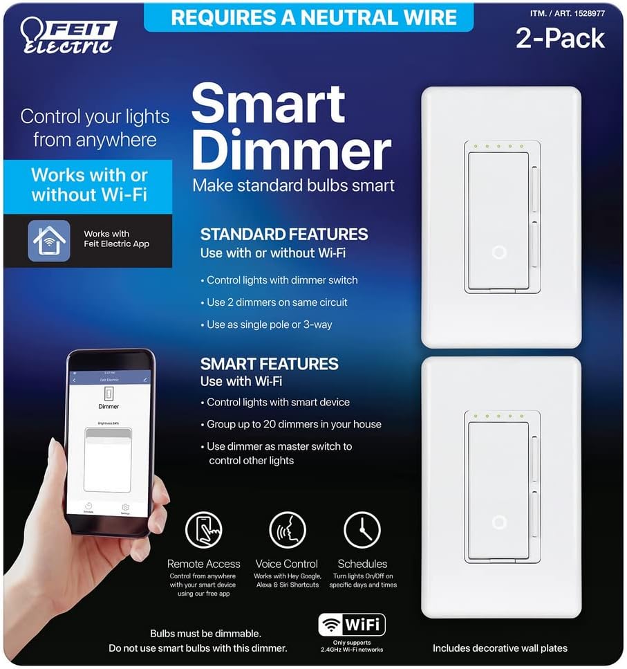 Wi-Fi Smart Dimmer 3 Way Single Pole Switch (2 Pack)