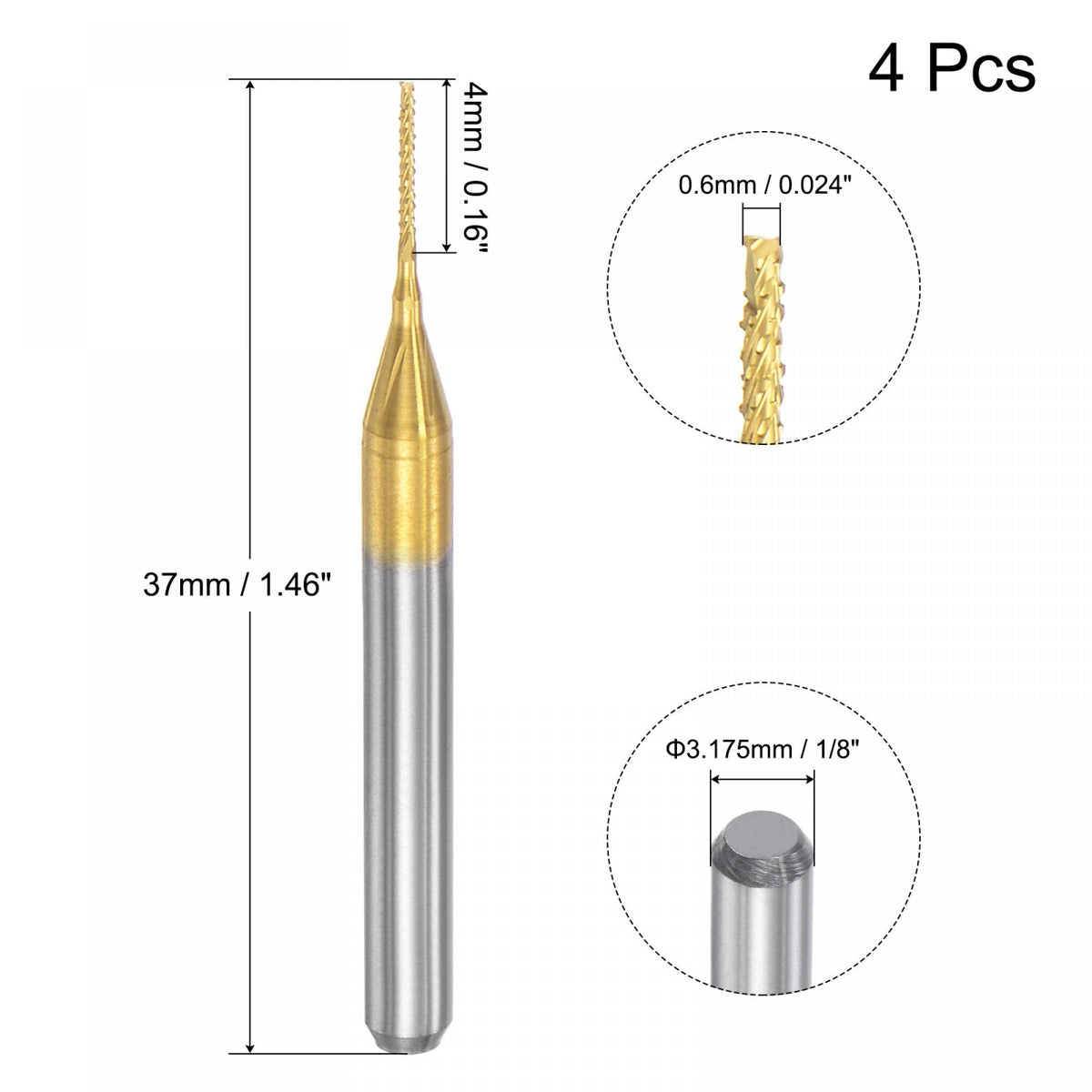 uxcell 4pcs End Mill CNC Router Bit 1/8" 3.175mm Shank 0.6mmx5.5mm Titanium