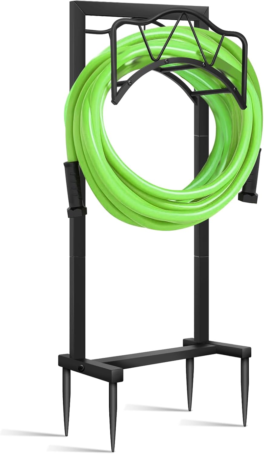 Freestanding Outdoor Garden Hose Holder, Heavy Duty Metal Storage Stand with 4 Spikes, Space Saving Organizer for