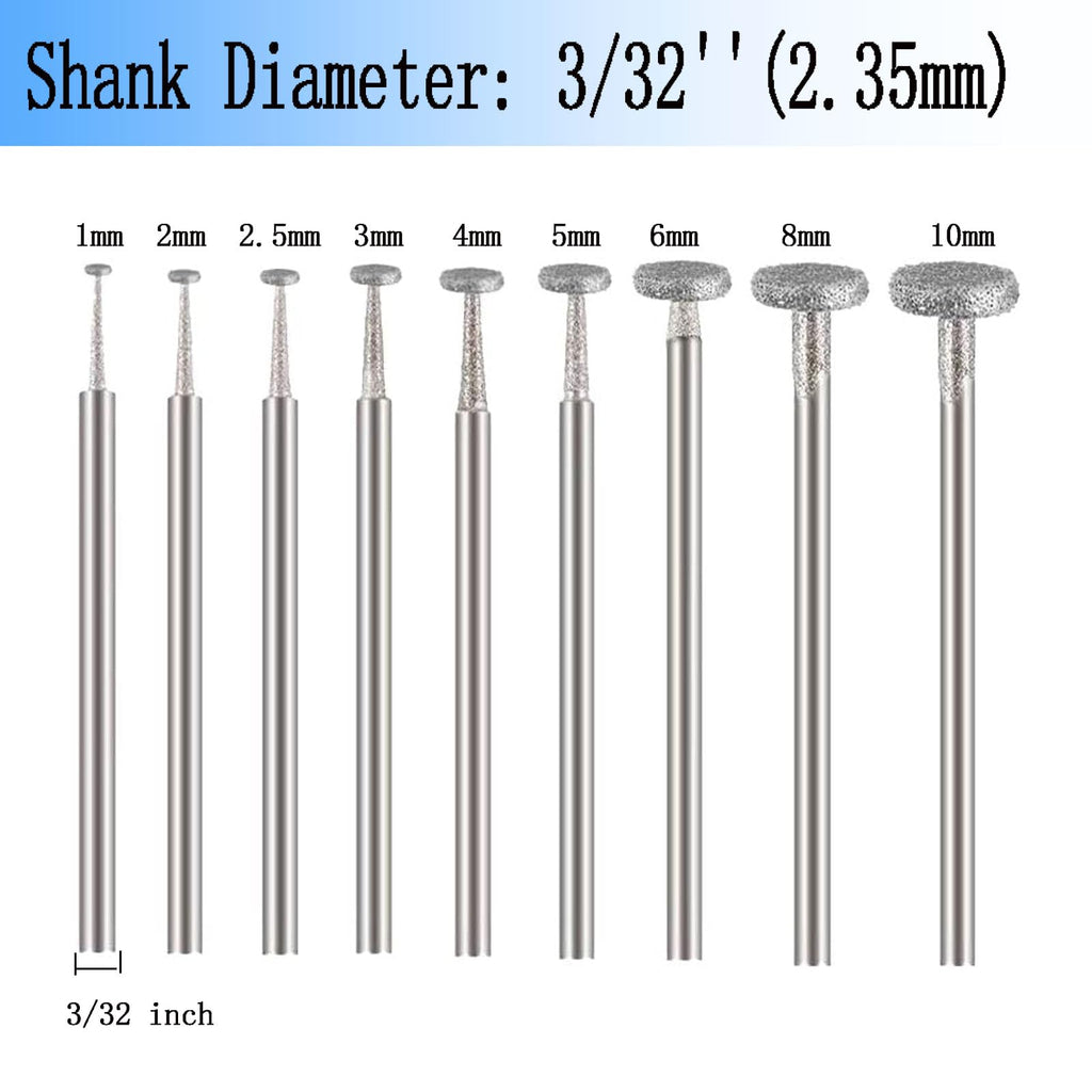 Luo ke 9 Pcs 3/32'' Shank Round - Flat Shape Diamond Burr (1mm - 10mm)