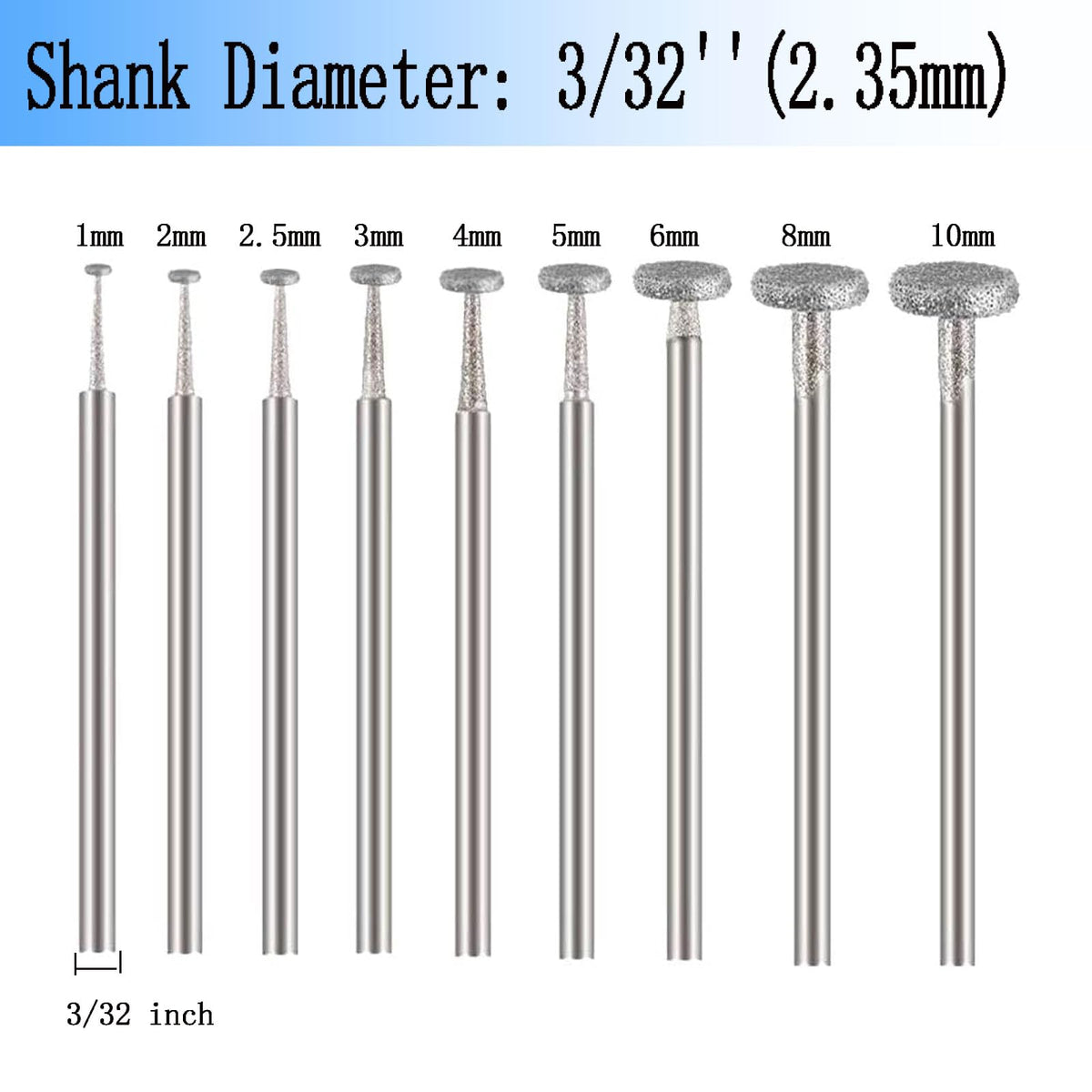 Luo ke 9 Pcs 3/32'' Shank Round - Flat Shape Diamond Burr (1mm - 10mm)