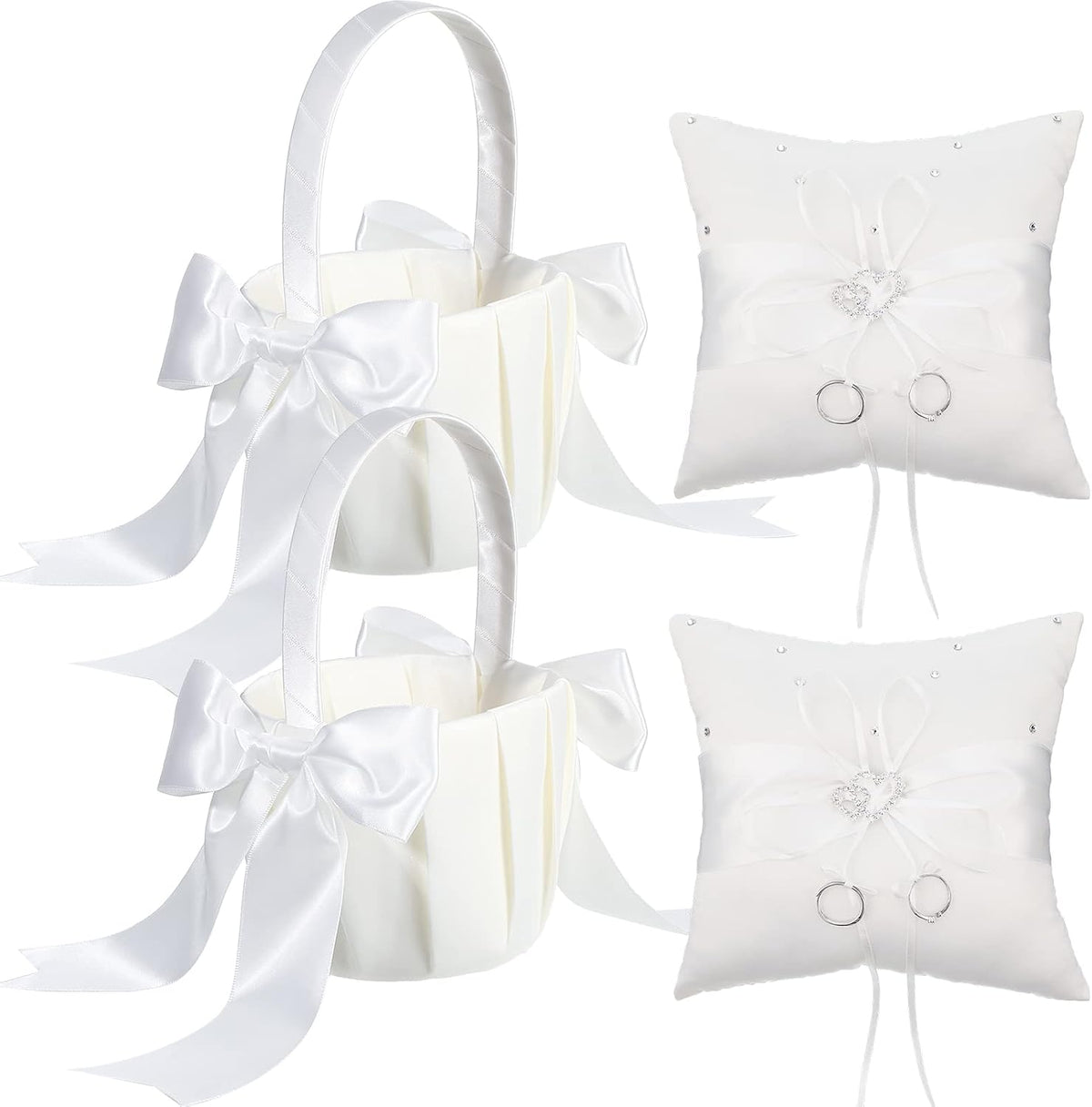 White Flower Girl Basket and Ring Bearer Pillow Set Rhinestones Satin Wedding Ring Pillow Wedding Flower Baskets for
