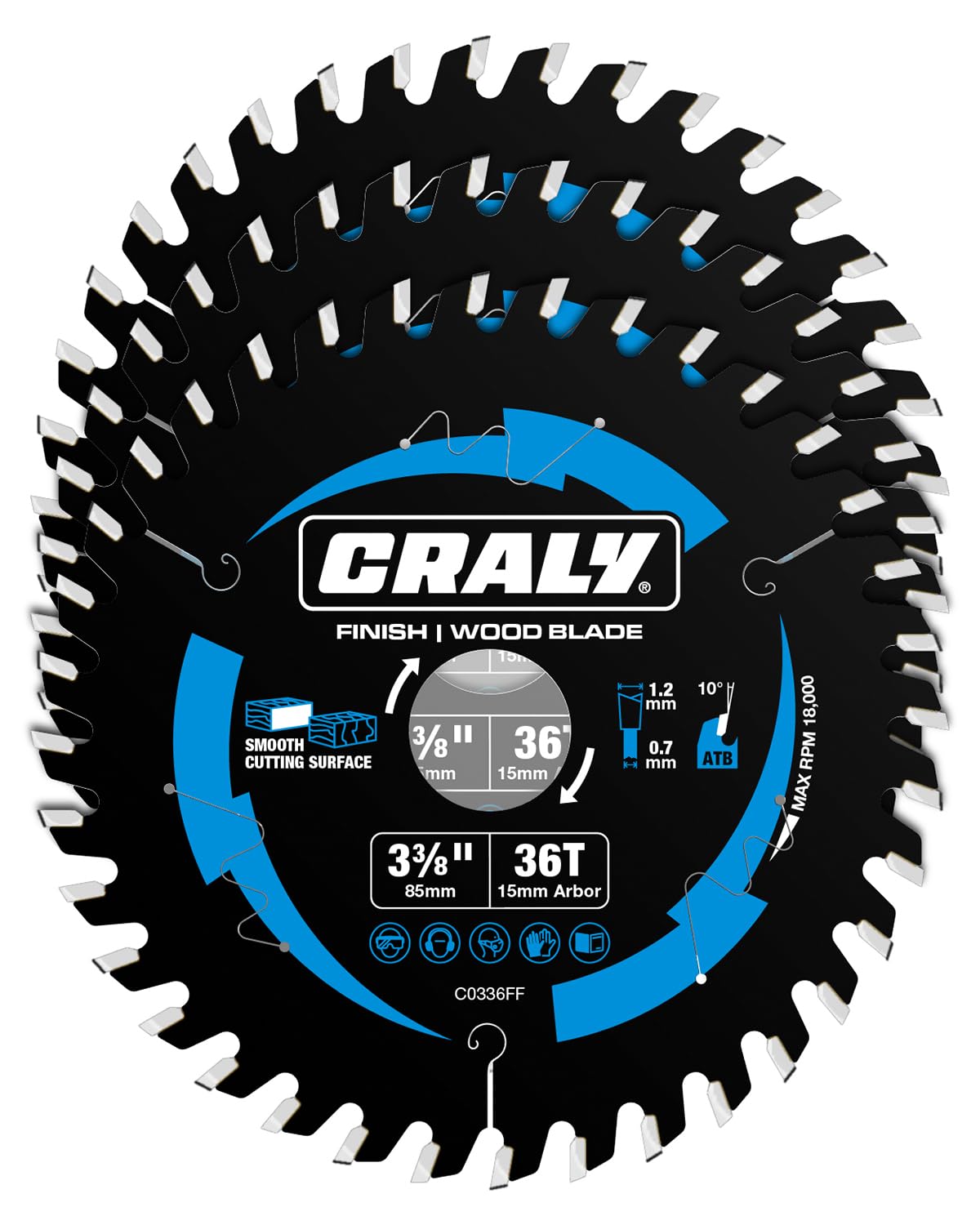 CRALY 3-3/8 Inch 36 Teeth Fine Finish Wood Cutting Circular Saw Blade, 15mm Arbor, Carbide Tipped, Thin Kerf, Black Ice, for Plywood, MDF, OSB, Laminated, 3-Pack(C0336FF-3)