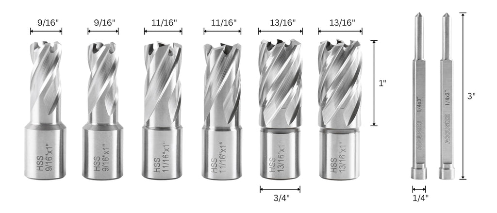 Accusize Industrial Tools Slugger Cutter Set 1" Cutting Depth with 3/4" Weldon Shank, 9/16'', 11/16'', 13/16'' Cutting Diameter, 8 Pcs/Set, 0519-0001