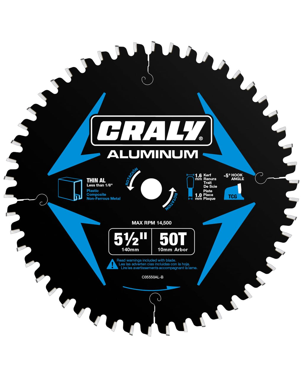 CRALY 5-1/2 Inch 50 Teeth Aluminum and Non-Ferrous Metal Cutting Circular Saw Blade, 10 mm Arbor, Carbide Tipped, Thin Kerf, Black Ice, for Thin Aluminum, Plastic, Composite(C05550AL-B)