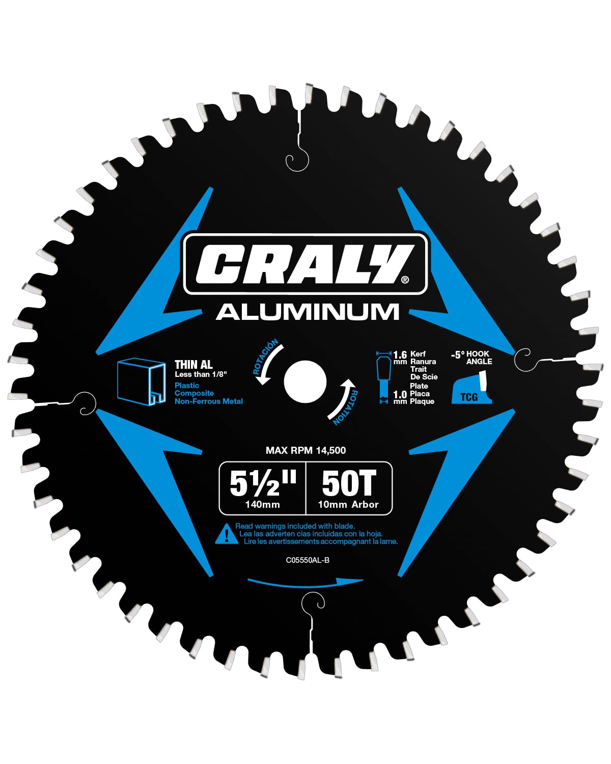 CRALY 5-1/2 Inch 50 Teeth Aluminum and Non-Ferrous Metal Cutting Circular Saw Blade, 10 mm Arbor, Carbide Tipped, Thin Kerf, Black Ice, for Thin Aluminum, Plastic, Composite(C05550AL-B)