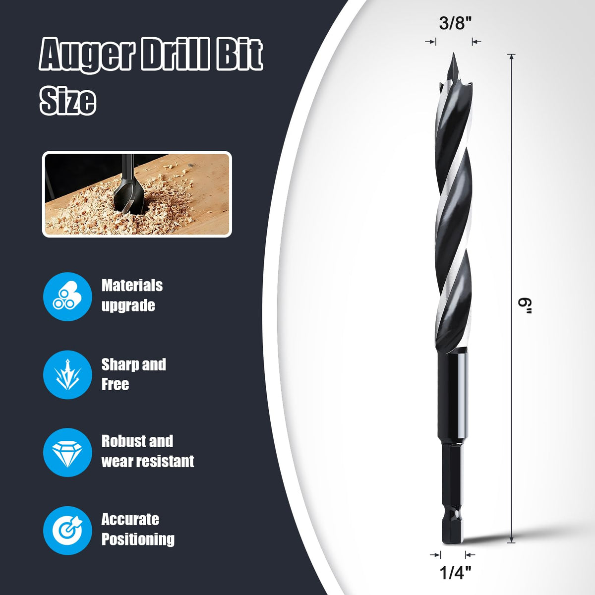 WOBLLMX 2PCS 3/8"x6" Auger Drill Bit for Wood,Hex Shank Tri Flute Drill Bit