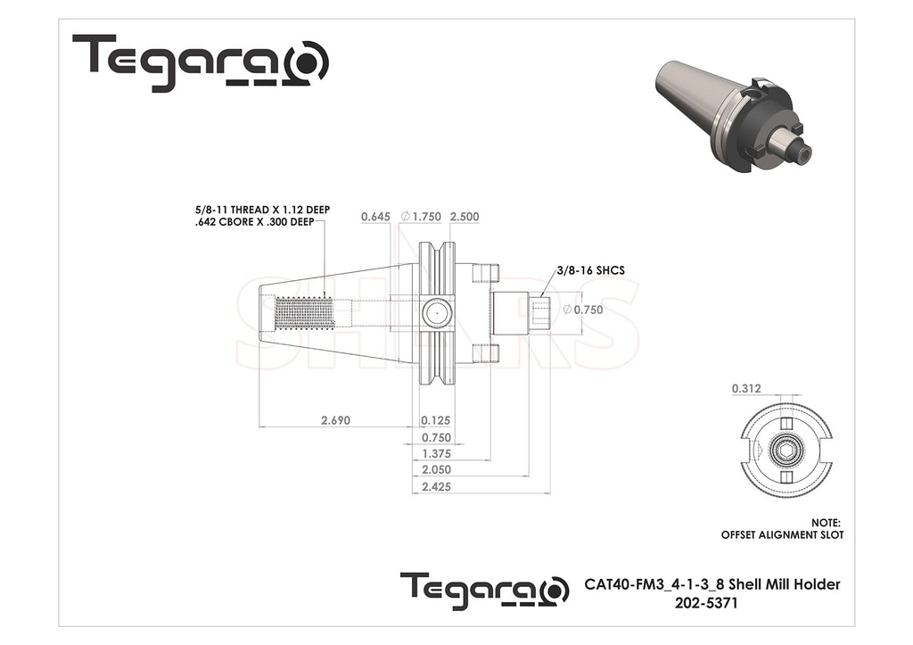 Tegara CAT40 3/4" Arbor Diameter Shell Face Mill Tool Holder, 202-5371 P