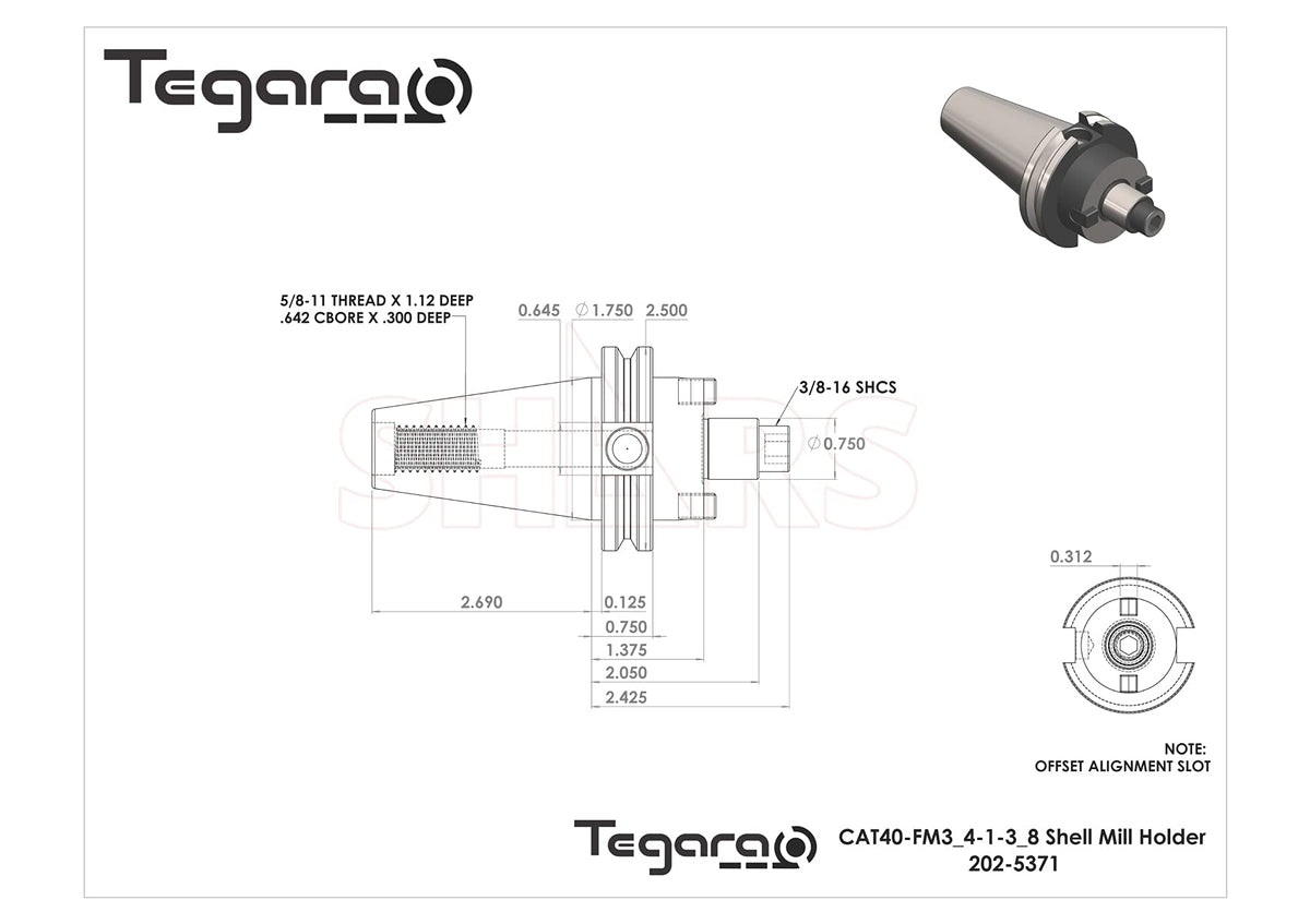 Tegara CAT40 3/4" Arbor Diameter Shell Face Mill Tool Holder, 202-5371 P