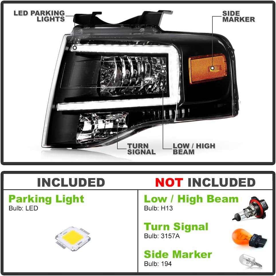 KEEKPO - For 2007-2014 Ford Expedition Upgrade Style Black Housing Headlights Headlamps Replacement Pair Set Left+Right