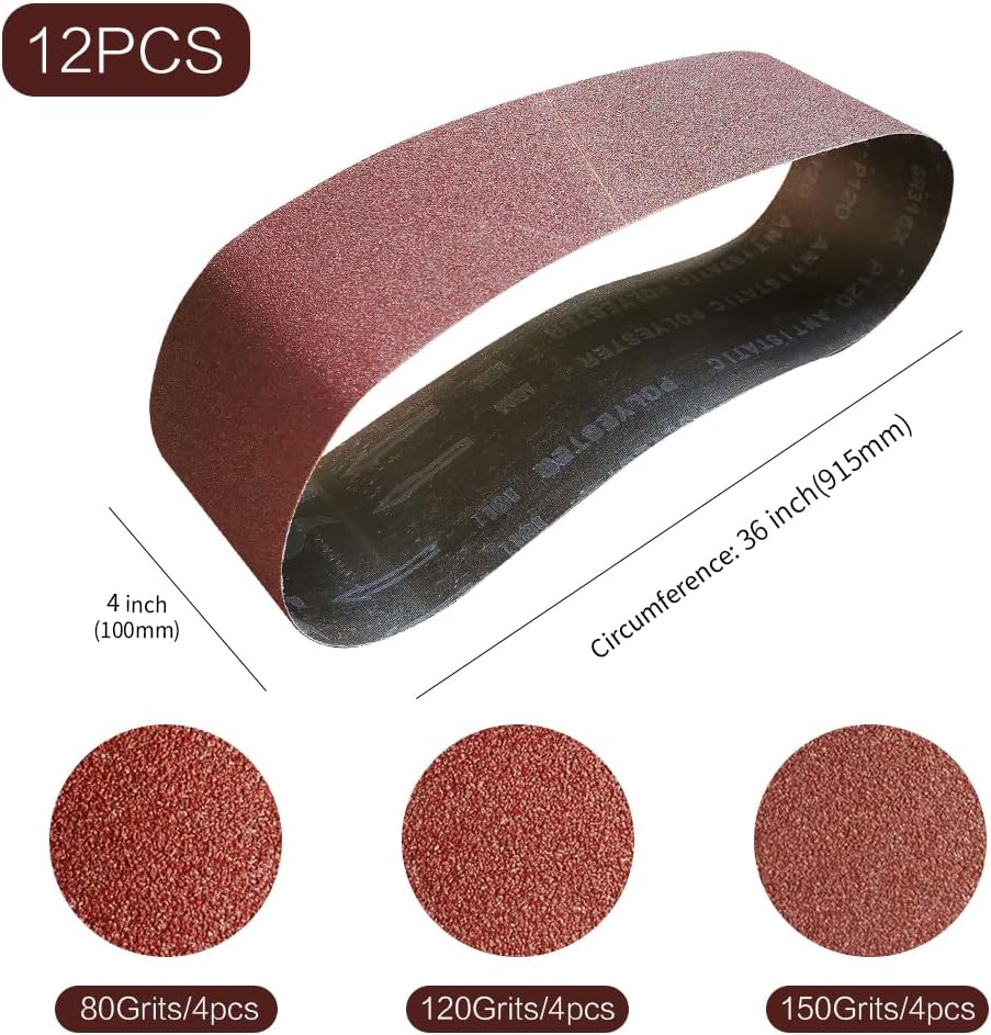 4x36 4 x 36 inch Sanding Belt Pack 4-Inch x 36-Inch,12 Pcs(4 Each of 80 120 150 Grits) Aluminum Oxide for Sander