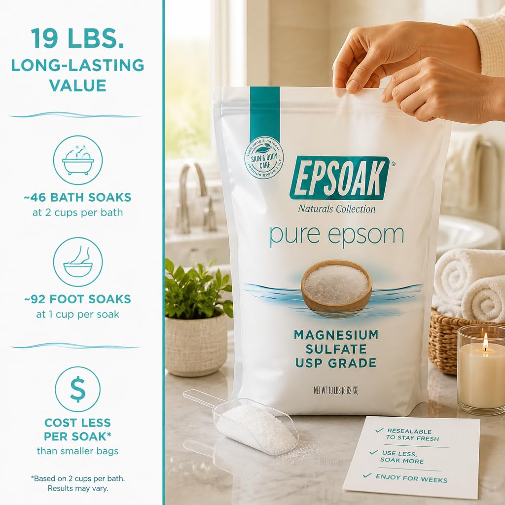 Epsom Salt 19 lb. Magnesium Sulfate USP. Resealable Epsom Salt Bag Unscented, Made in The USA, Cruelty-Free Certified