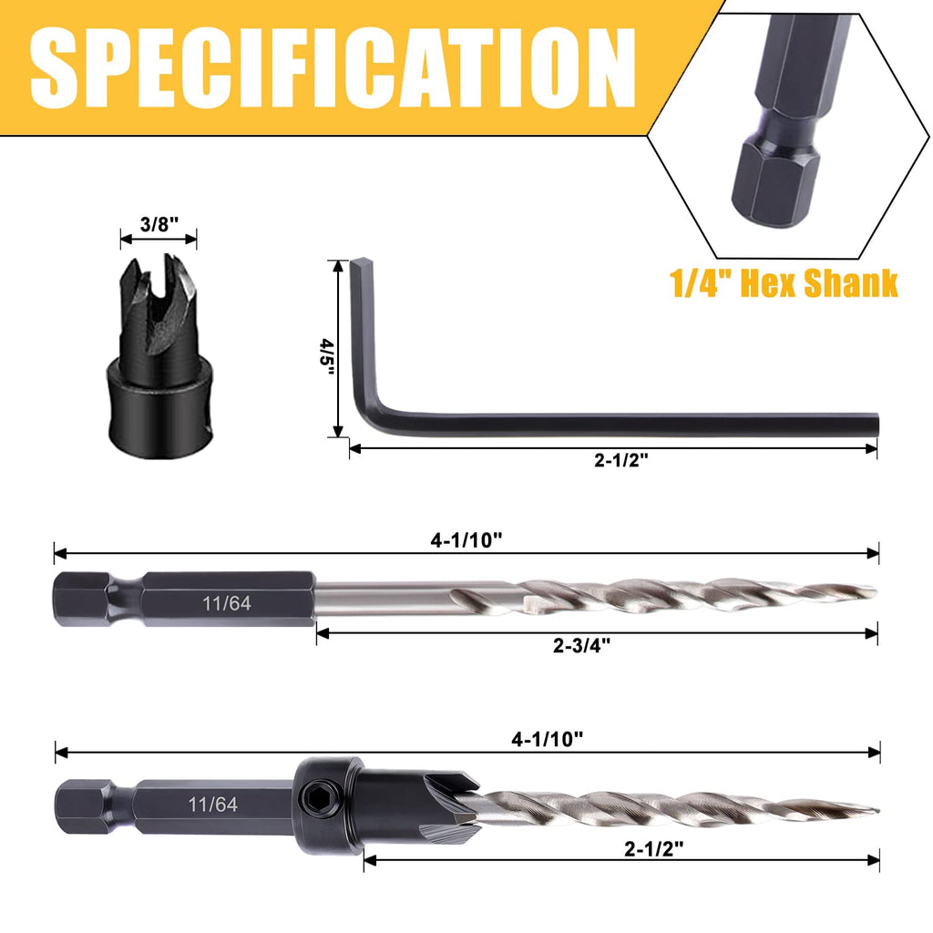 Newdeli 9pcs Wood Countersink Drill Bit Set 1/4" Quick Change Shank - 5Pc Adjustable Countersink Bit #8(11/64") - 2 Extra 11/64 Tapered Drill Bits - 1 Adjust Collar - 1 Wrench, Pilot Screw Hole Set