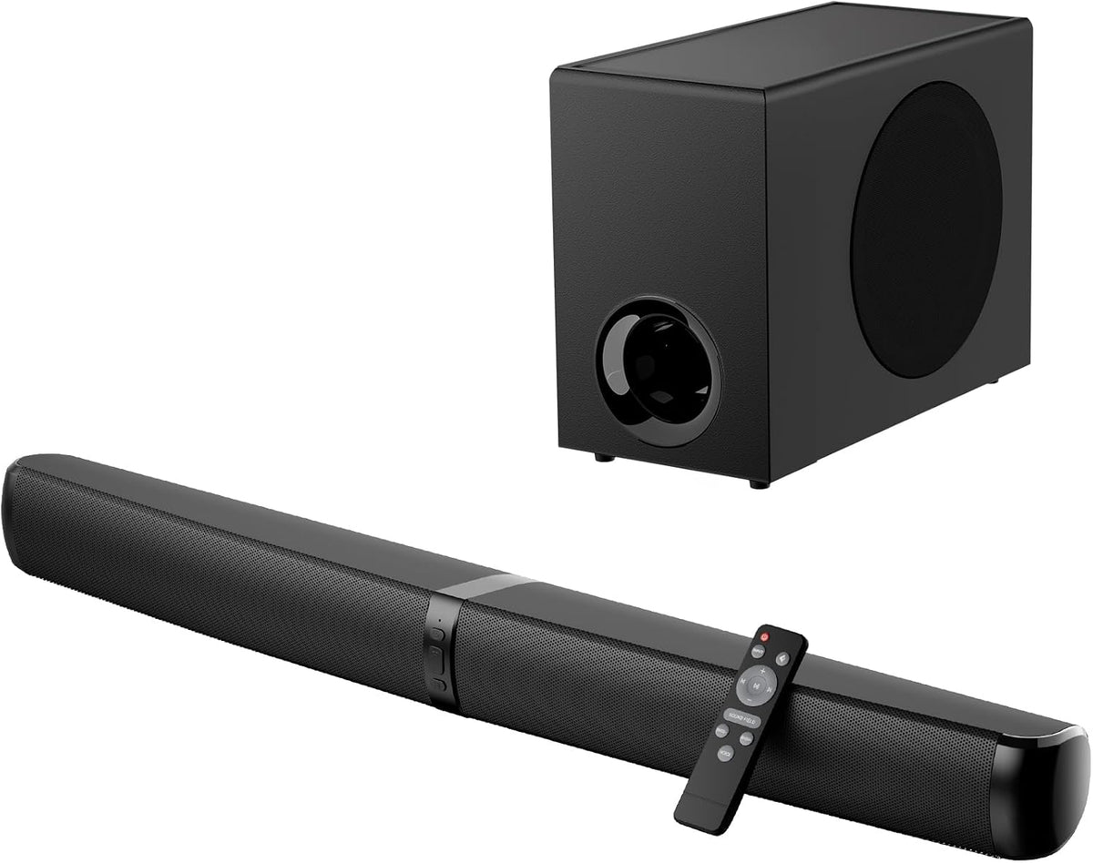 Sound Bar with Subwoofer, Soundbar for TV Speaker Sonicwave 2.1 CH 120W Detachable 2-in-1 Home Audio System with DSP
