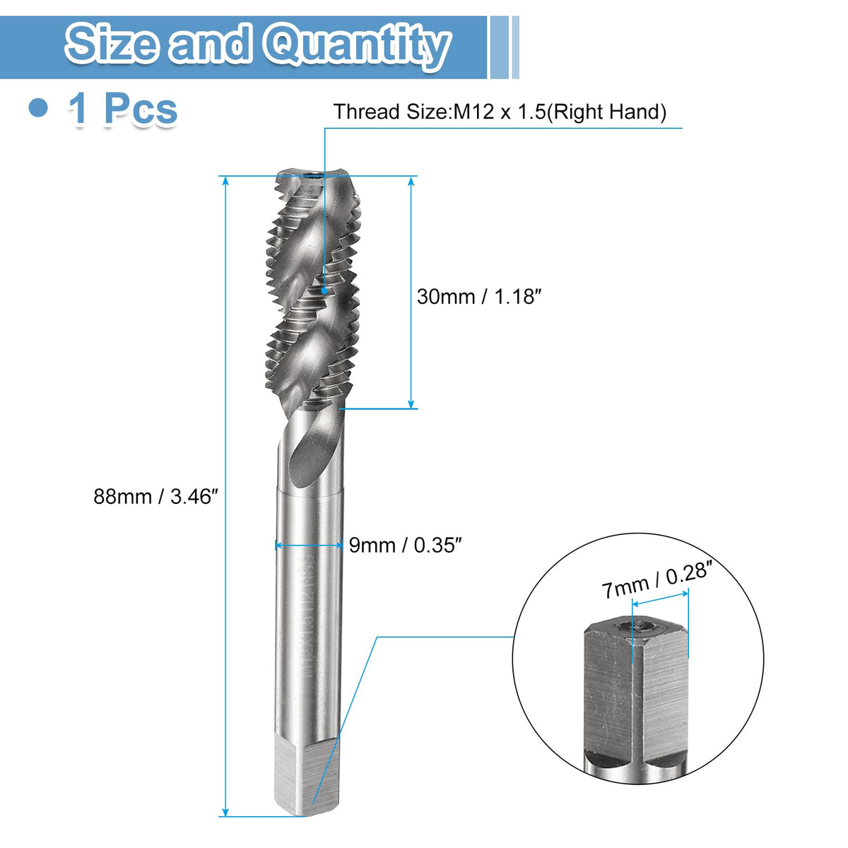 uxcell Spiral Flute Thread Taps M12 x 1.5 H2 Metric Machine Threading Tap Bit, Uncoated Screw Tapping Repair Tool, M2 High-Speed Steel (HSS)