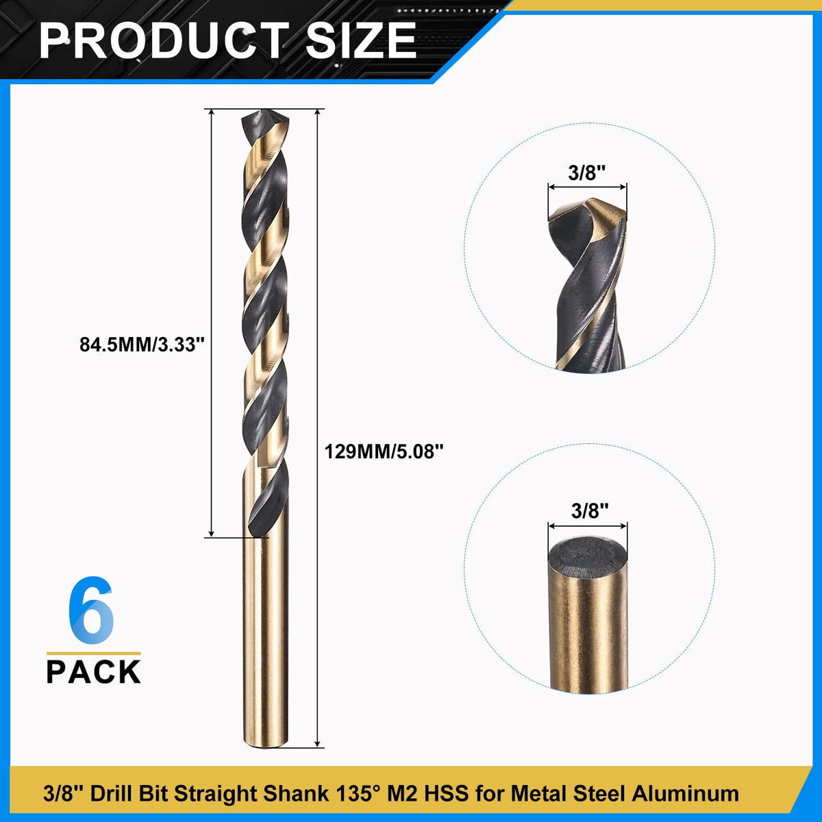 PATIKIL 3/8" Drill Bit M2 High-Speed Steel for Hard Metal 6 Pack