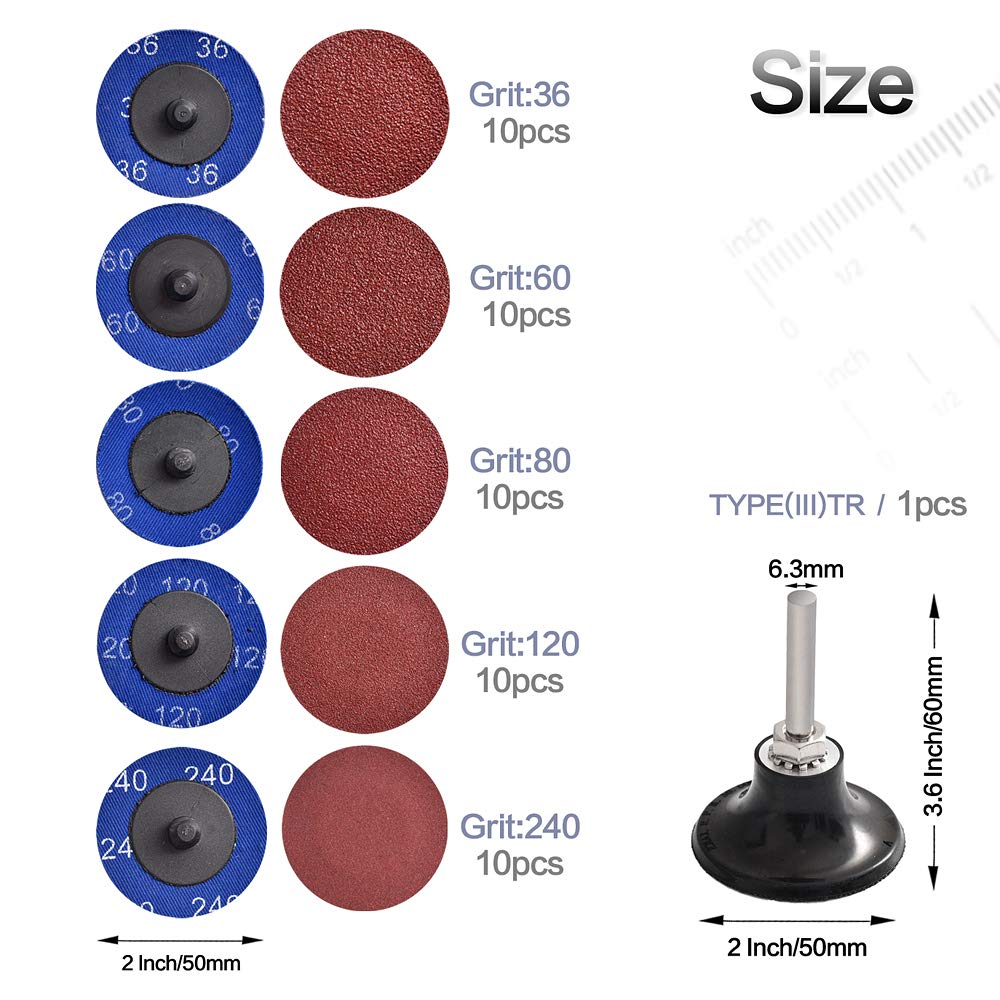 Miroku 50Pcs Mixup 2 inch Twist on Quick Change Discs Set, A/O Sanding Discs with 1/4" Holder, for Die Grinder Surface Prep Strip Grind Polish Finish Burr Rust Paint Removal