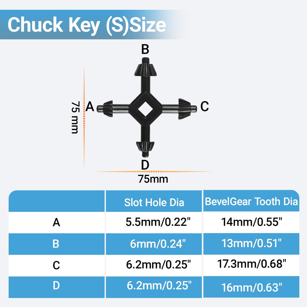 2pcs 4 In 1 Drill Chuck Key Hand Drill Key Drill Chuck Wrench For Tighten Drills Chuck Universal Combination Hand 3/8 1/2 3/4 1 Inch Chuck Key（L+ S）,for Bosch, Ma-kita Drills & Impact Drivers