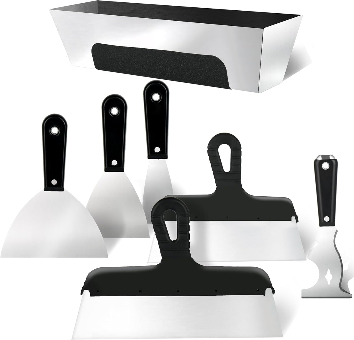 Drywall Tools Set, 7 PCS Stainless Steel Drywall knives with 12” Mud Pan | Complete Putty Knife Set - 2” 3” 4” 6“ 10”