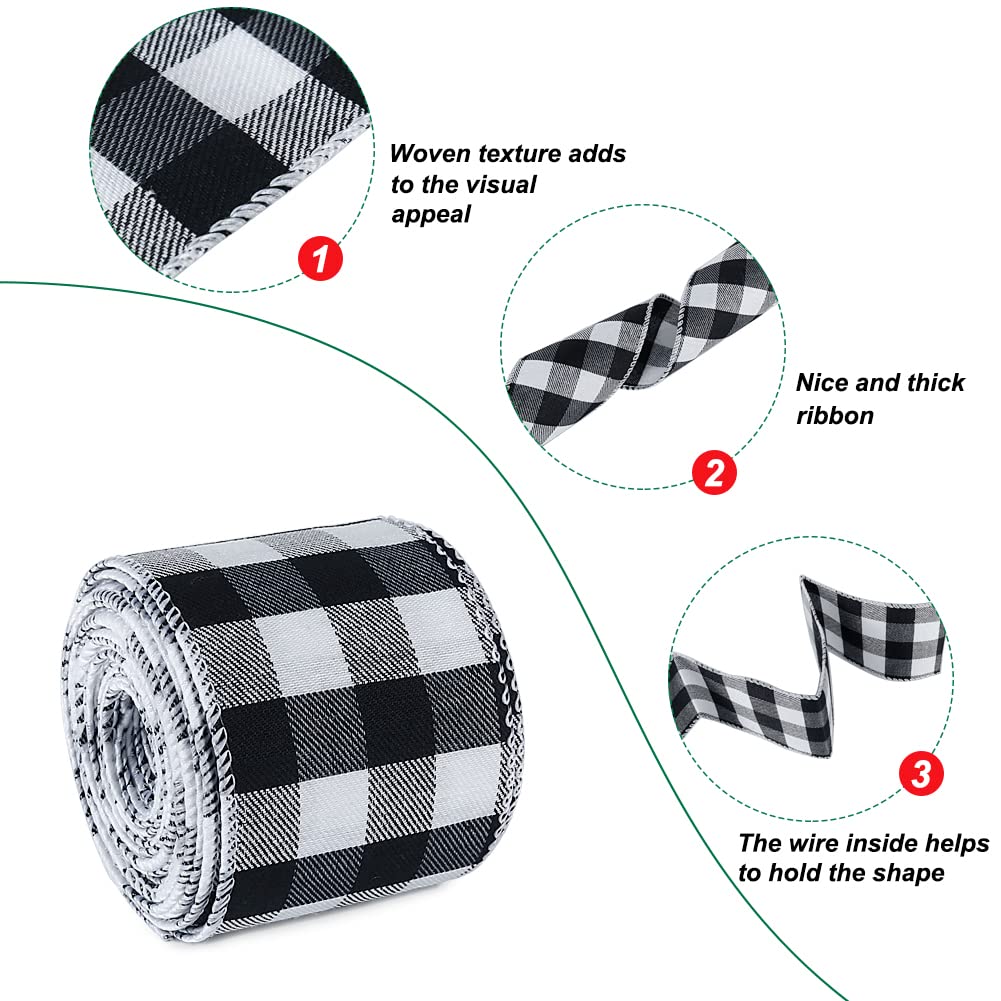 19.6 Yard 2.5 inch Wide Buffalo Plaid Ribbons Wired Edges, 2 Rolls Black and White Checkered Ribbon for Christmas