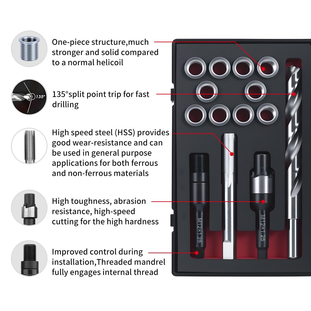 SENNMONN M12x1.25 Metric Thread Repair Kit, 10PCS Solid Bushing Inserts