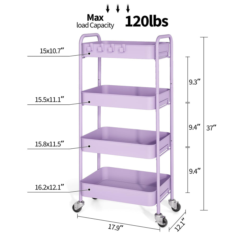 4 Tier Metal Rolling Cart, Utility Storage Cart with Wheels, Purple