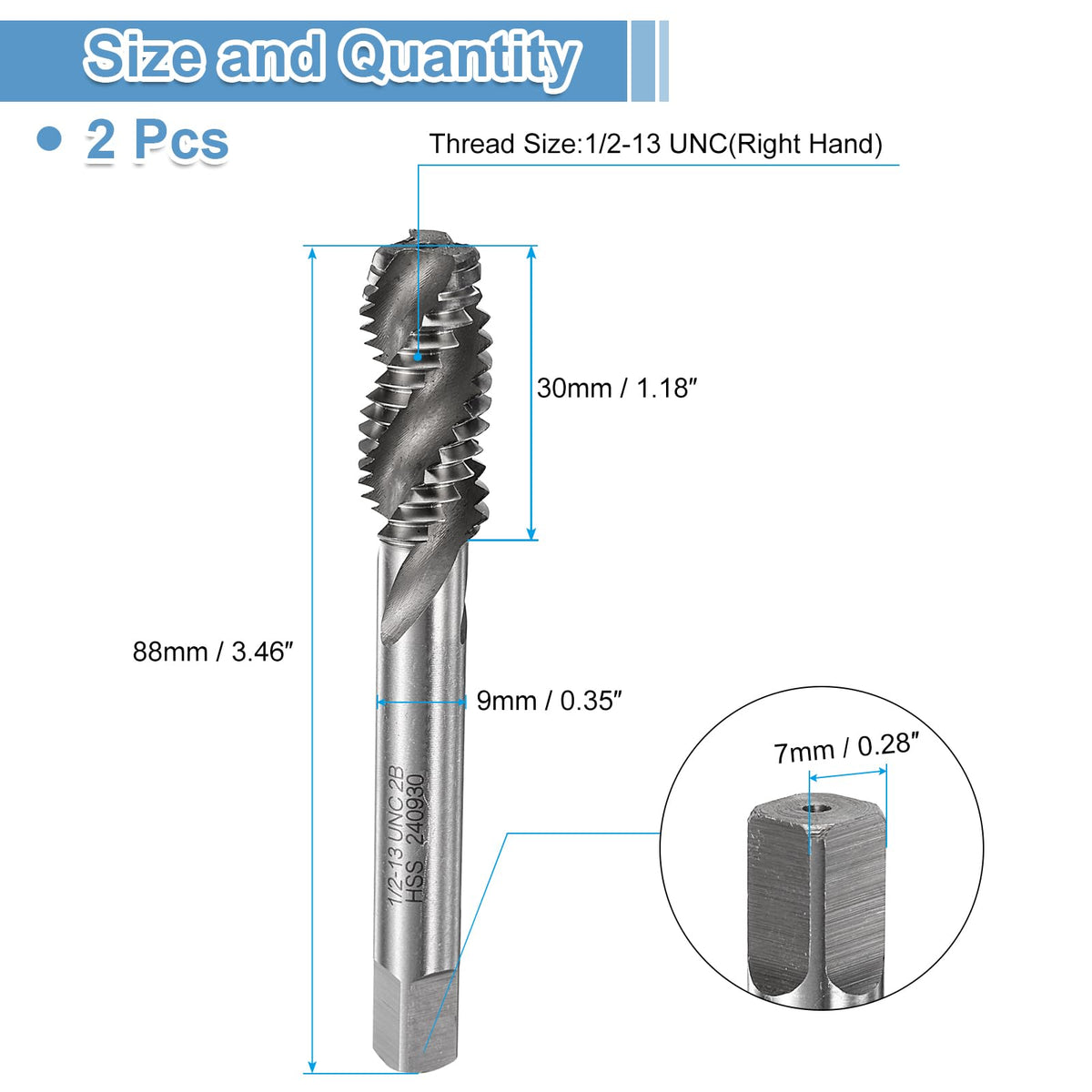 uxcell 2pcs Spiral Flute Thread Taps 1/2-13 UNC 2B Machine Threading Tap Bit, Uncoated Screw Tapping Repair Tool, M2 High-Speed Steel (HSS)
