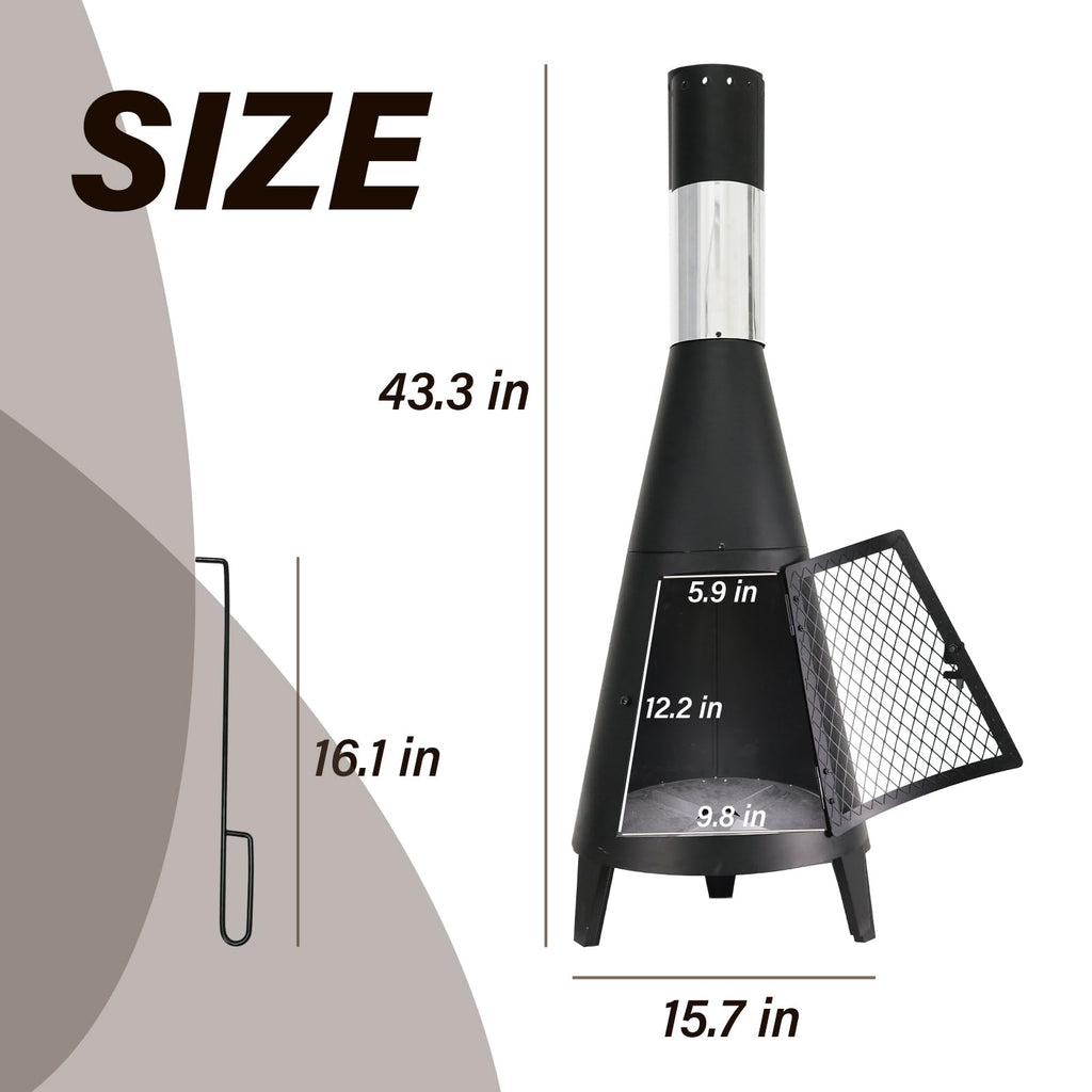 43inch Tall Chiminea Outdoor Fireplace with Fire Poker for Wood Burning