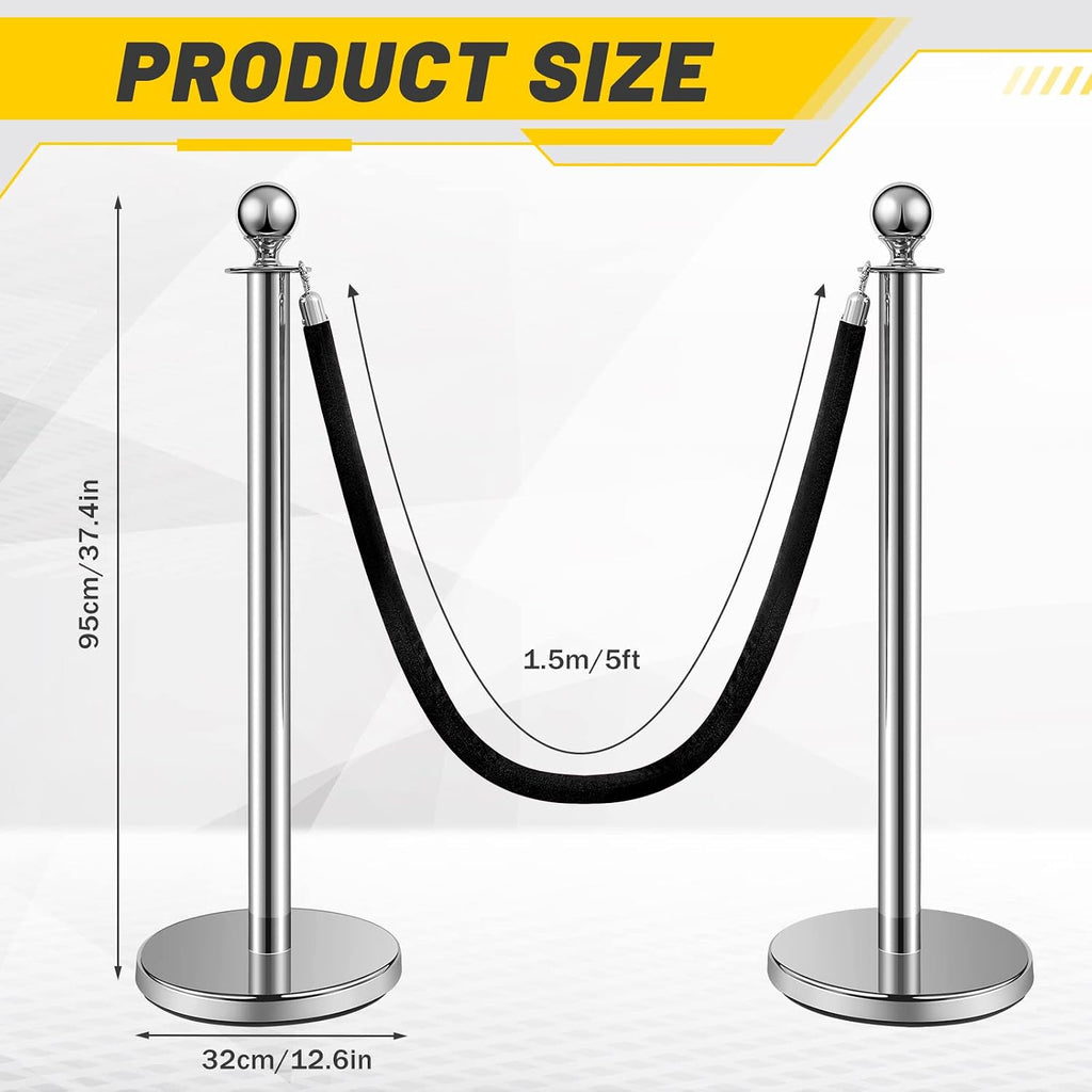 4 Pcs Crowd Control Stanchions and Velvet Ropes 5 ft Poles Silver Crowd Control Barriers Black Ropes Stainless Steel
