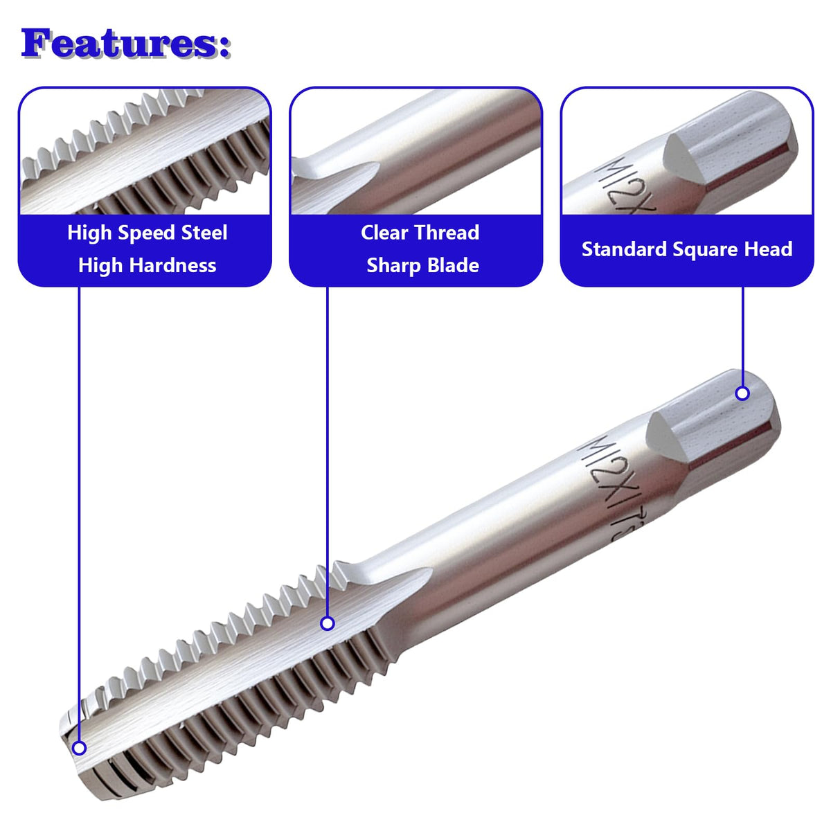 2Pack M12 x 1.75 Metric Thread Tap, M12 x 1.75mm High-Speed Steel Hand Tap,Right Hand Thread Tap 1Pair