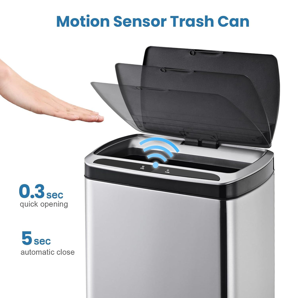 50 Liter / 13.2 Gallon Rectangular Kitchen Trash Can, Brushed Stainless Steel Finish Motion Sensor Trash Can