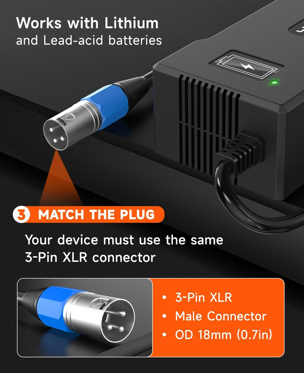 24V 5A Lithium Battery Charger for Electric Wheelchairs, 3-Pin XLR, Compatible with Pride Jazzy 614/1103 Ultra/Select 6, Go-Go ES2, Drive Medical, Rascal, Lakematic, Shoprider, Golden Tech Scooters