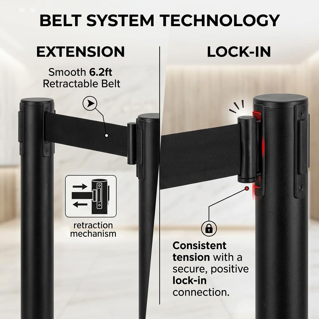 Matte Black Retractable Belt Stanchions, 2 Pack - 6.2ft Belt & Heavy 15lb Steel Base Crowd Control Barriers