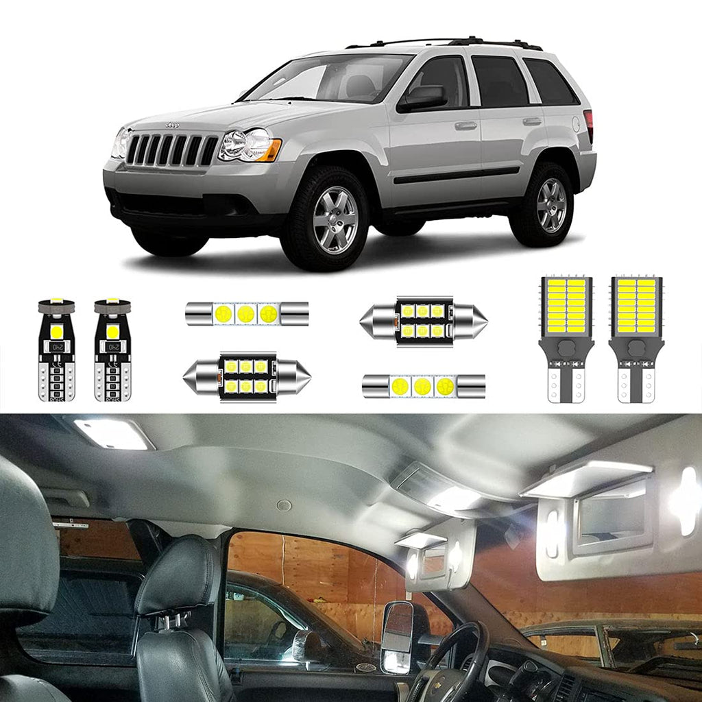 LIGHSTA 12PCS CANBUS Super Bright White LED Interior Light Kit Package for Jeep Grand Cherokee 2005 2006 2007 2008 2009 2010 + License Plate Lights and Install Tool