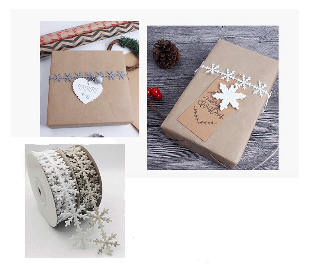 2 Rolls Felts Snowflake Trim Ribbon Christmas Applique Decals for Xmas Decorative Craft White
