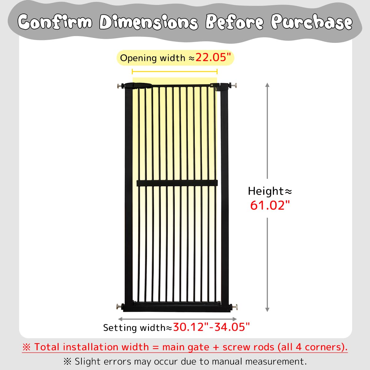 61.02" x 30.12-34.05" Wide Extra-Tall & Extra-Wide Adjustable Hardware/Pressure-Mounted Pet & Child Safety Gate with Dual-Lock Walk-Through Swing Door for Stairs, Hallways & Wide Doorways — Black