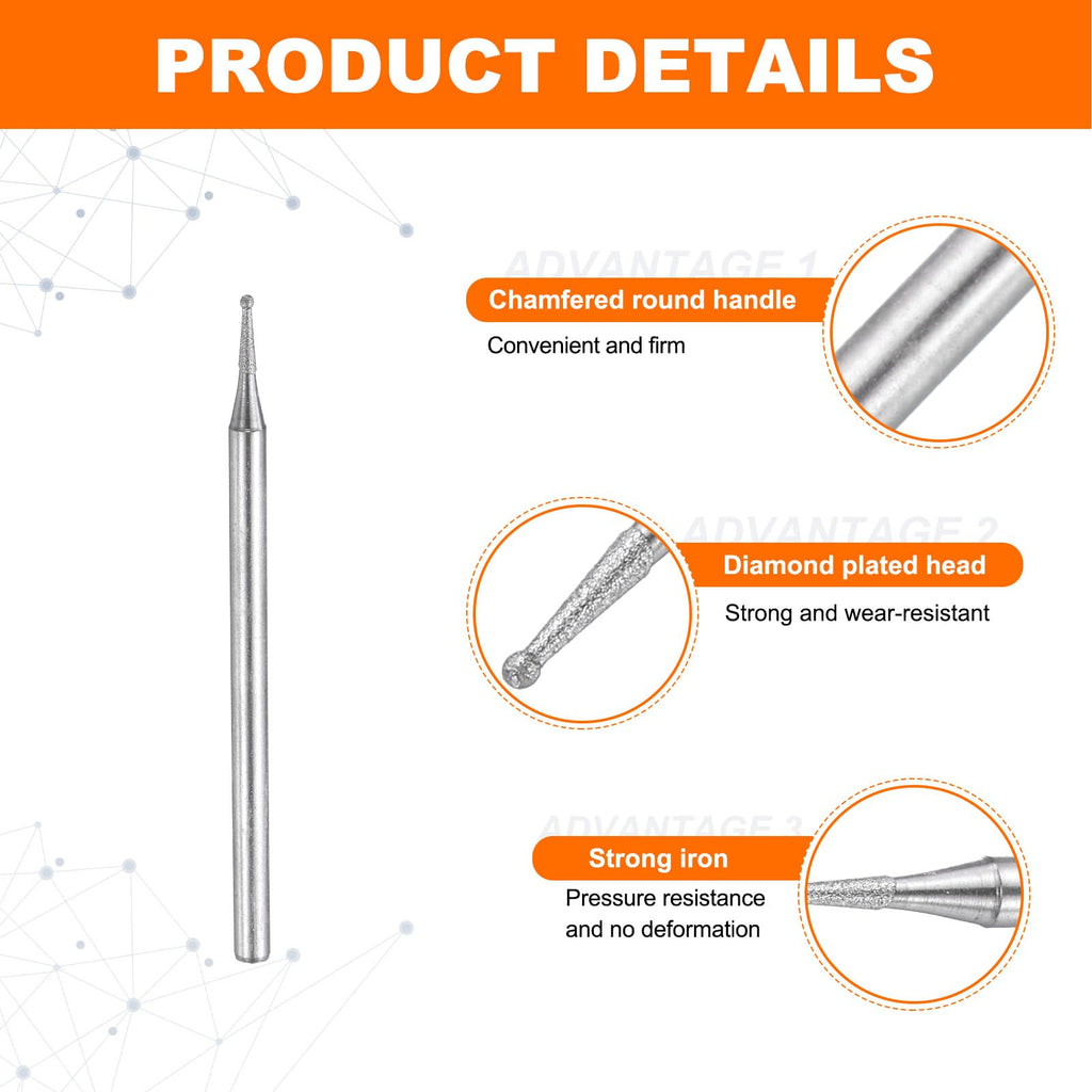 uxcell Diamond Grinding Burrs Drill Bit 3/32" Shank 0.8mm,Ball Head,40pcs