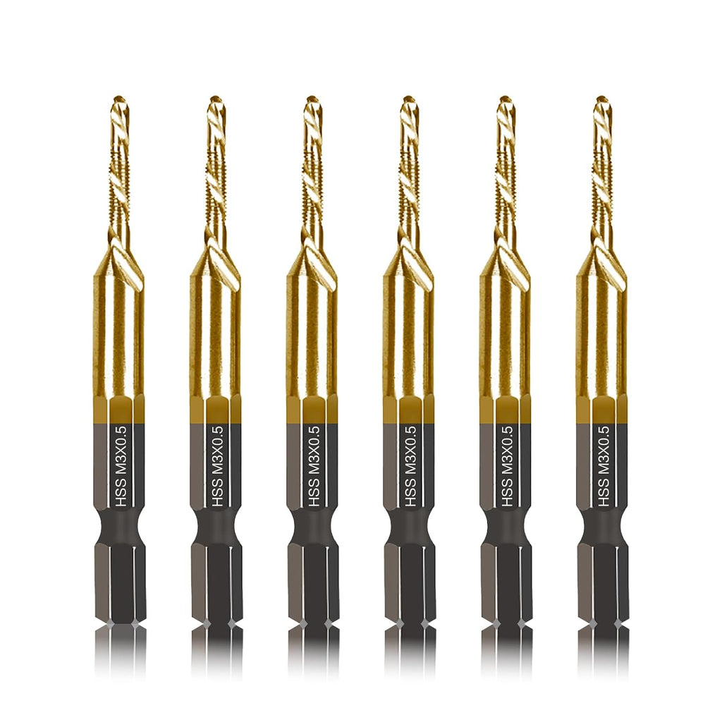 DKIBBITH 6-pc Metric M3 Combination Drill Tap Bit Set, M3*0.5 Thread Size, Titanium Coated High-Speed Steel, Ideal for Drilling and Threading in Soft Metal Wood and Plastic,1/4" Hex Shank