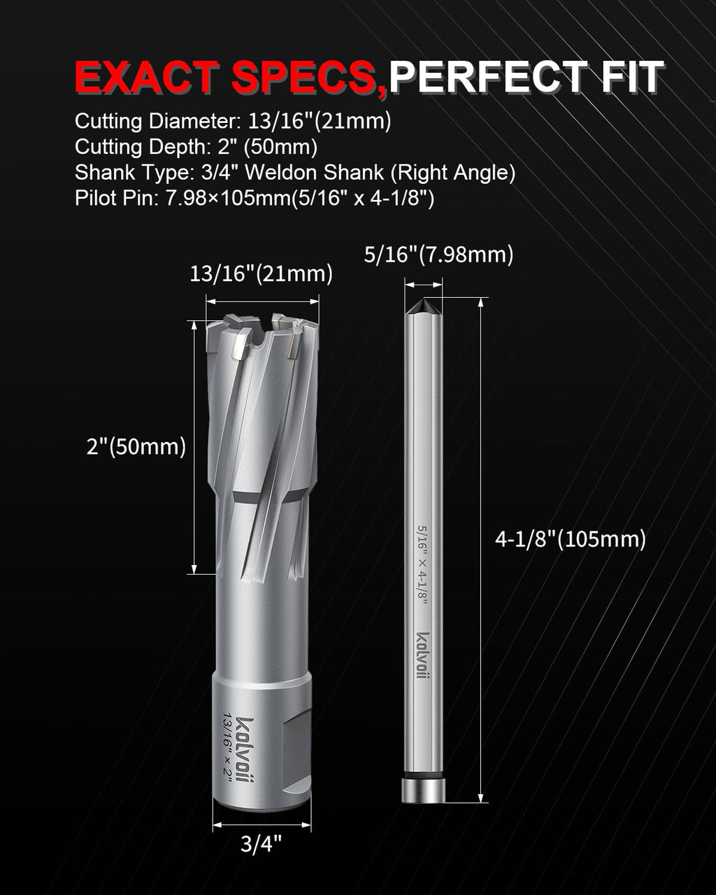 Kolvoii TCT Annular Cutter 13/16" Diameter x 2" Depth, Mag Drill Bit