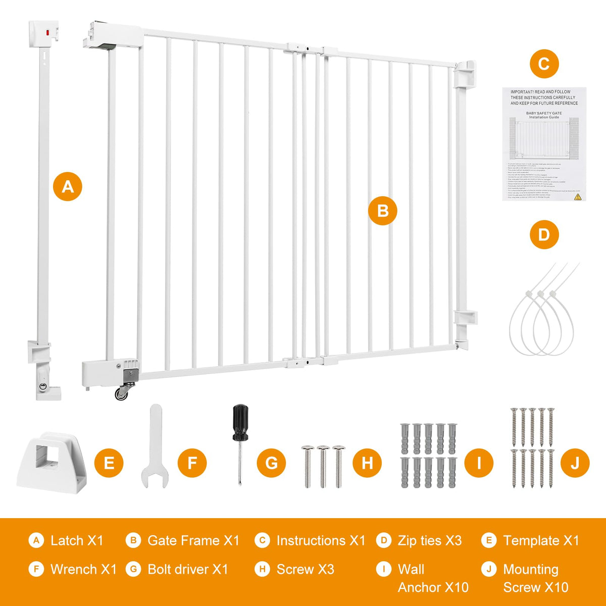 51.18" Tall Extra-Tall Adjustable Hardware/Pressure-Mounted Pet & Child Safety Gate with Dual-Lock Walk-Through Swing Door for Stairs, Hallways & Wide Doorways