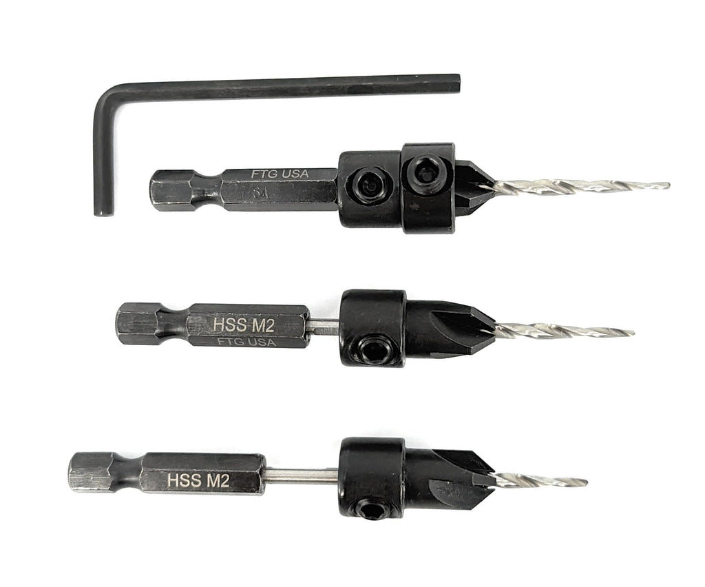 FTG USA 3-Pk #4 (7/64") Countersink Drill Bit Set, 1 Stop, 1 Wrench & Case
