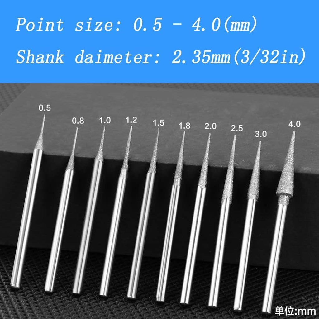 Luo ke 10 Pcs 0.5mm - 4mm Cone Shape Diamond Burr - 3/32 Inch Shank